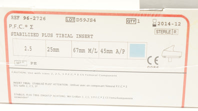 DePuy 96-2726 Stabilized Plus Tibial Insert Size 2.5 25mm x 67mmM/L x 45mm A/P(x)